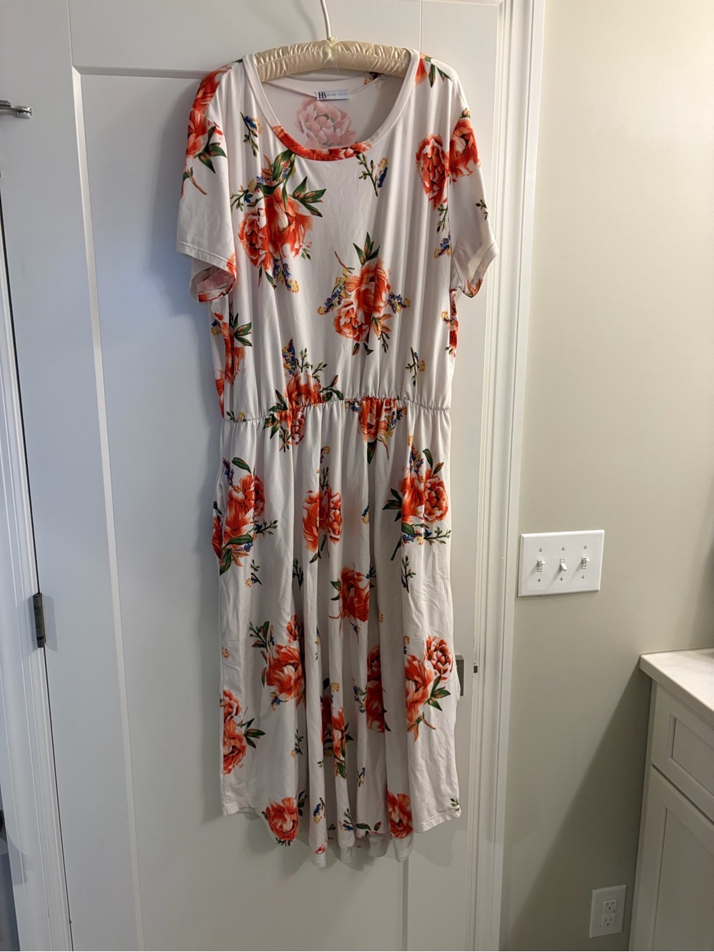 White Midi Dress with Orange Rose Print